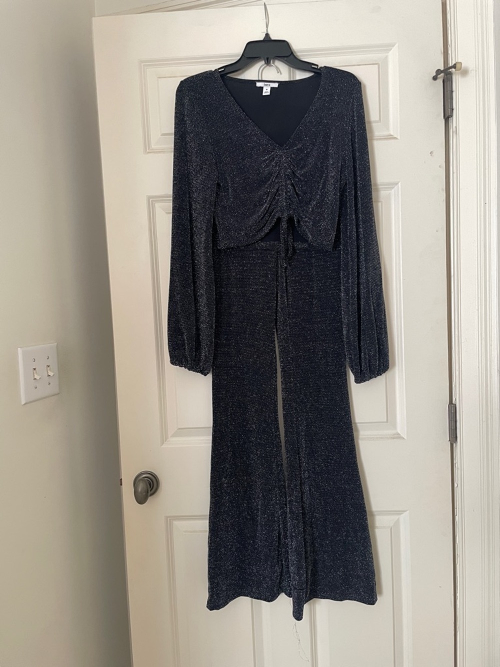 Women's Black Sparkle V-Neck Long Sleeve Top and Pants Set